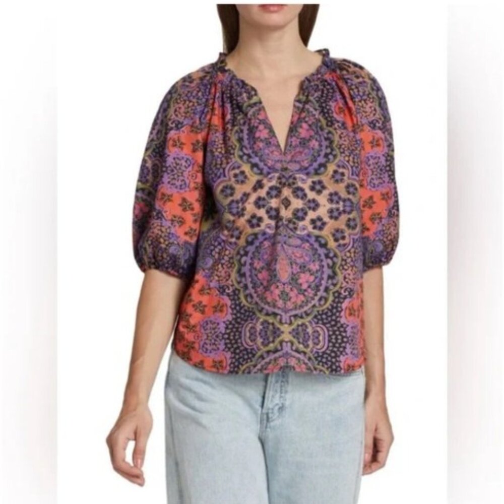 XiRENA Jules Floral Puff Sleeve Top Blouse Bohemian Peasant Black Opal SZ S NWOT